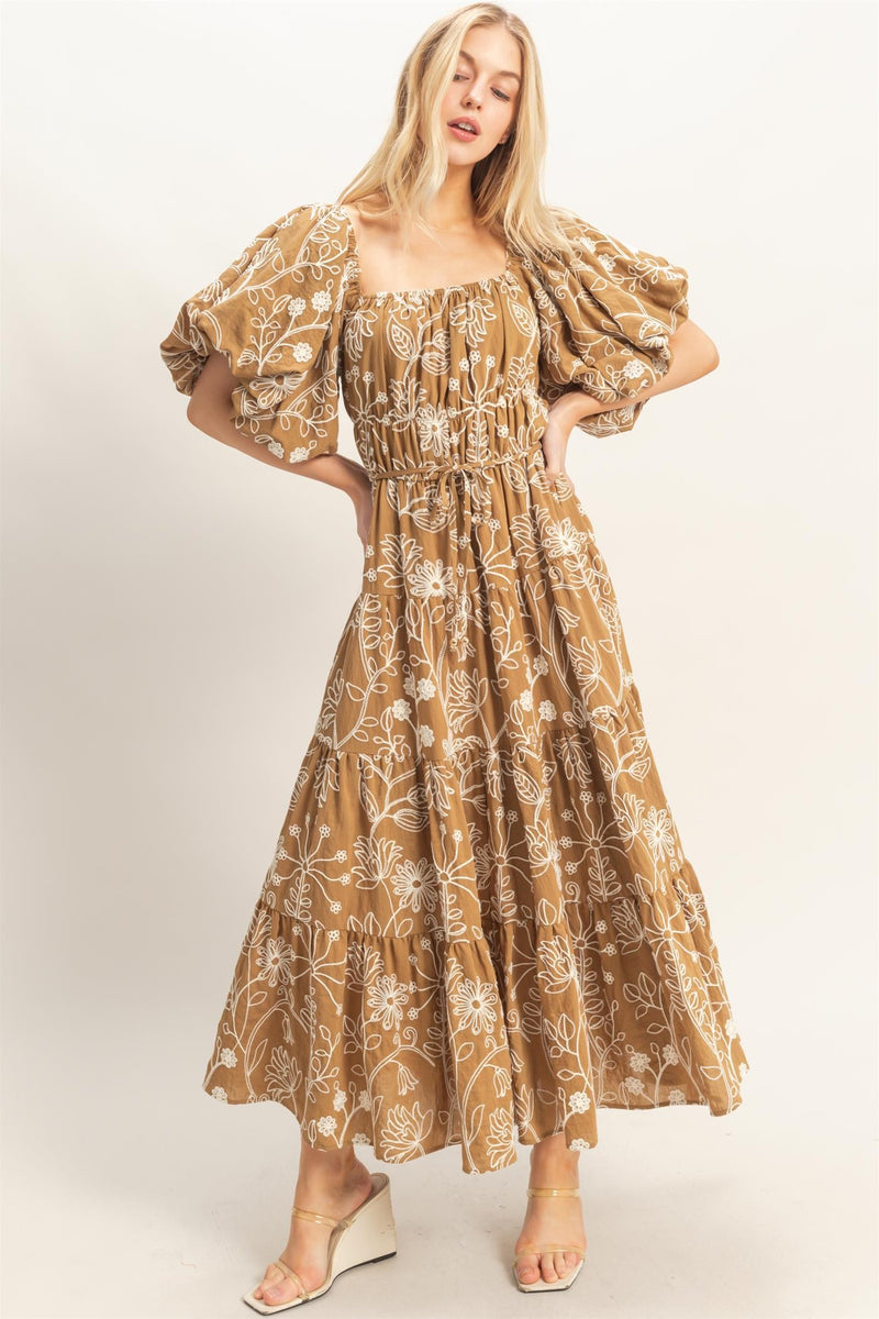 Light Brown Embroidered Puff Sleeve Midi Dress – Modern Millie