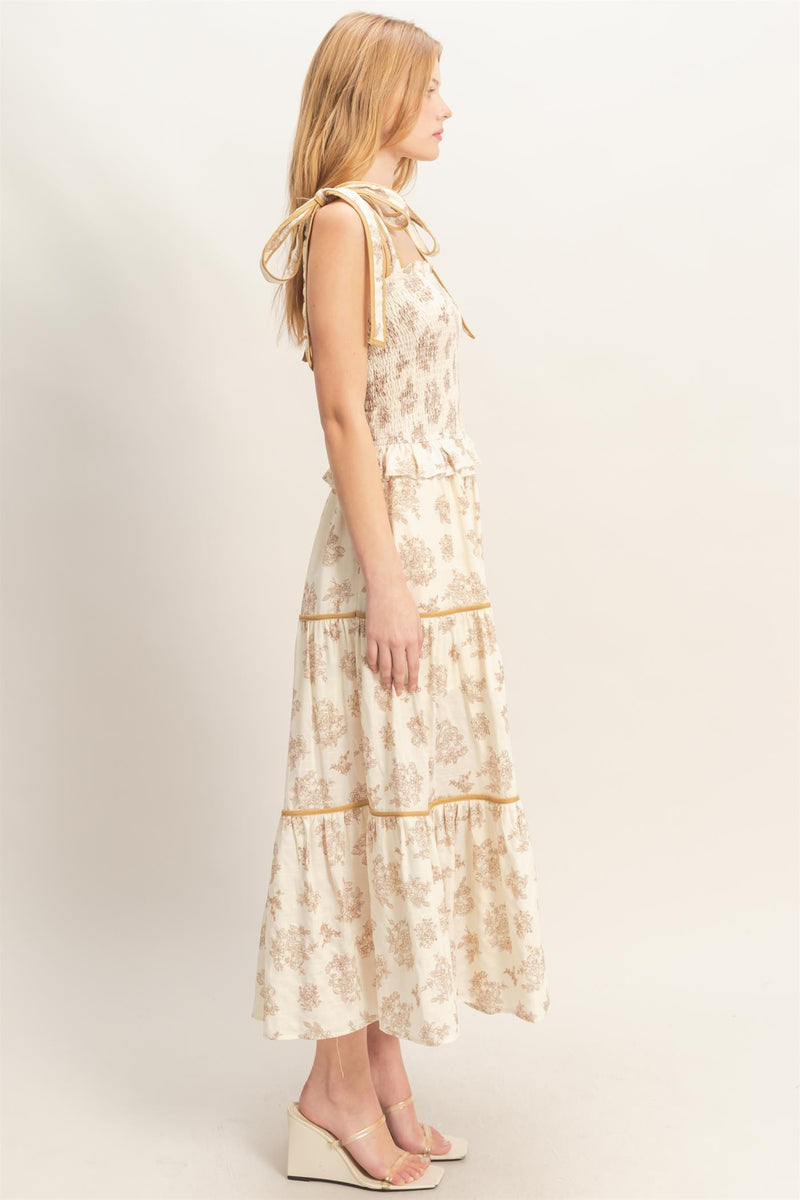 Beige Toile Tie-Shoulder Smocked Midi Dress Small