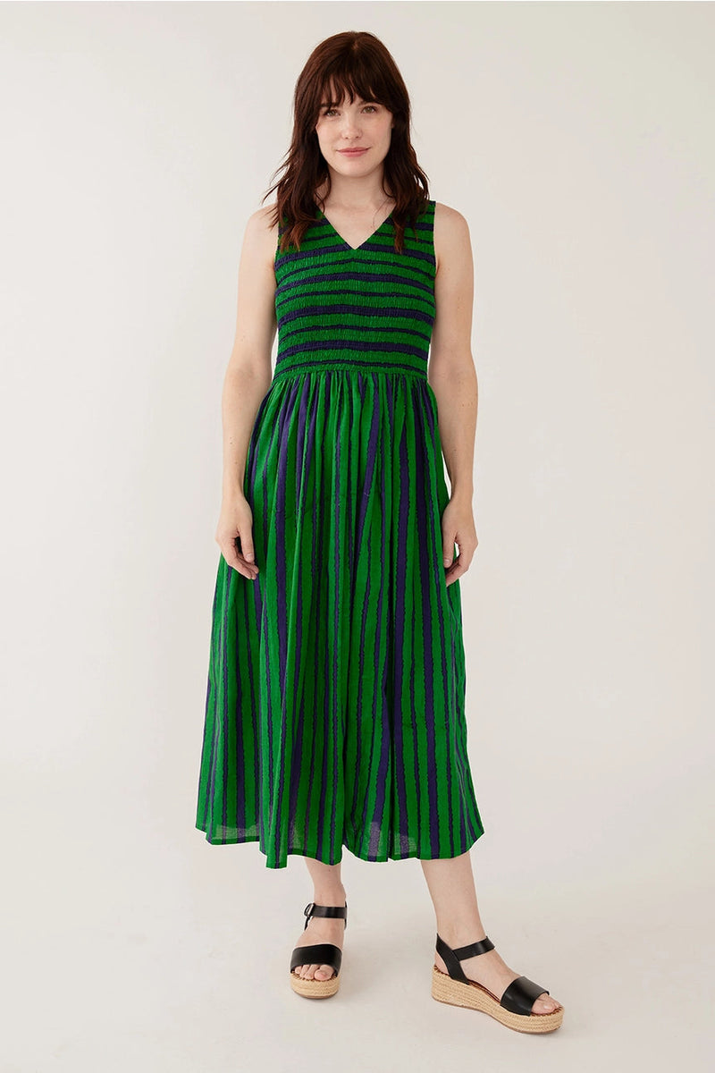 Lily V-Neck Emerald Green Sleeveless Dress |Printed Cotton