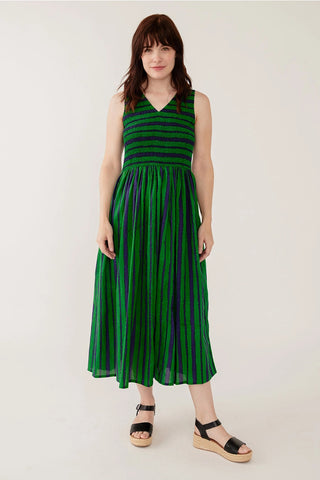 Lily V-Neck Emerald Green Sleeveless Dress |Printed Cotton