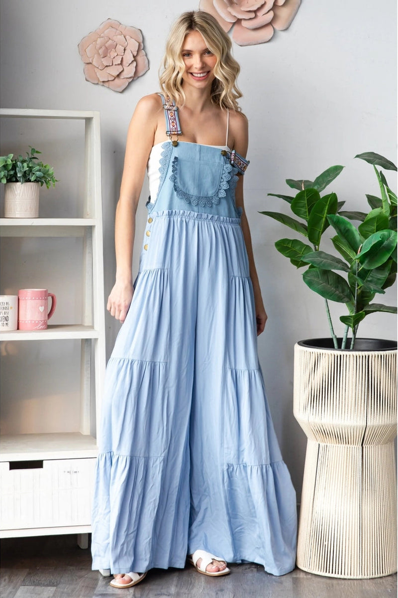 Embroidered Strap Flowy Overalls in Blue Medium