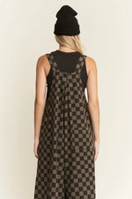 Black & Charcoal Checkerboard Denim Wide Leg Jumpsuit