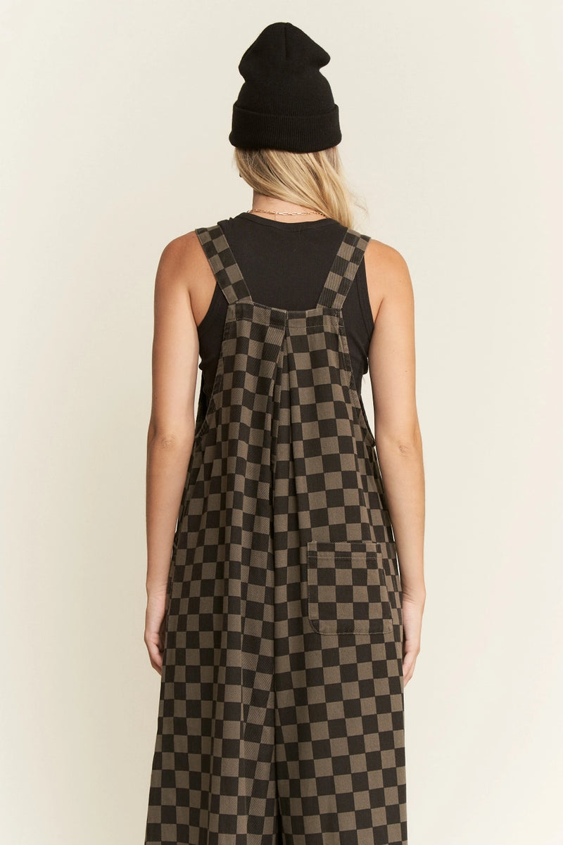 Black & Charcoal Checkerboard Denim Wide Leg Jumpsuit