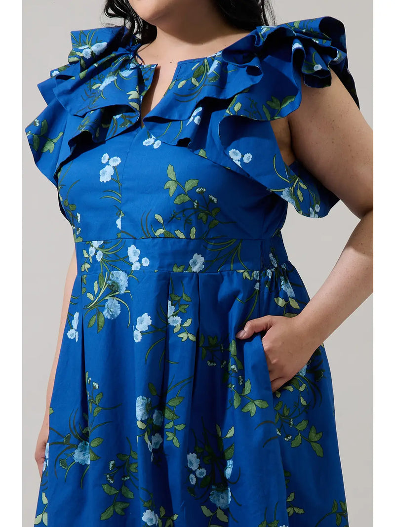 Statement Flutter Sleeve Blue and Green Floral Midi Dress Modern Millie Statement Flutter Sleeve Blue and Green Floral Midi Dress Modern Millie
