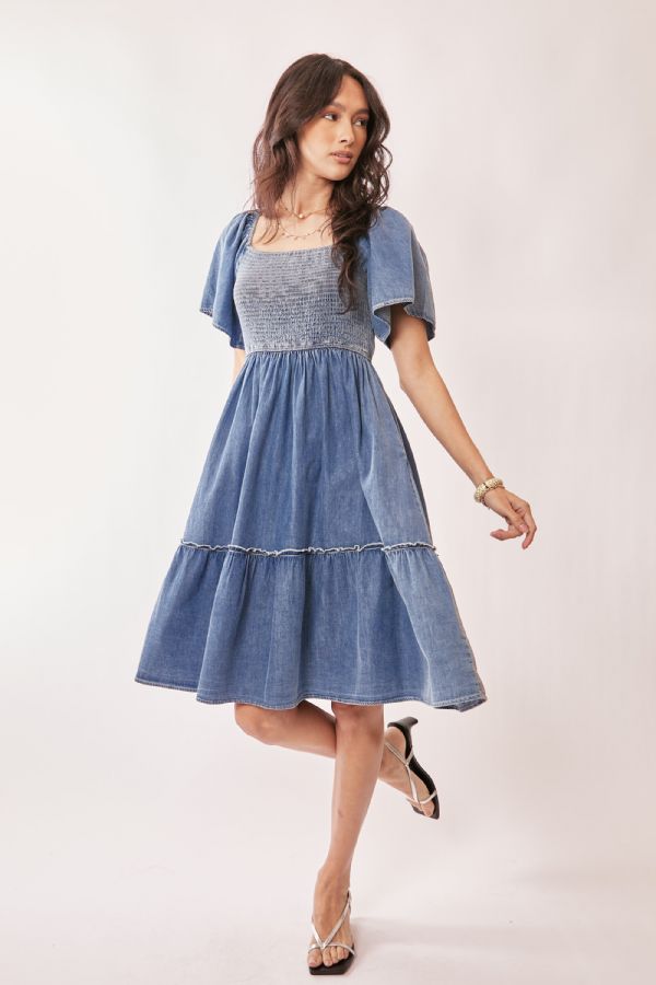 Denim Ruffle Sleeve Smocked Dress