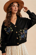 Black Embroidered Cardigan Sweatshirt