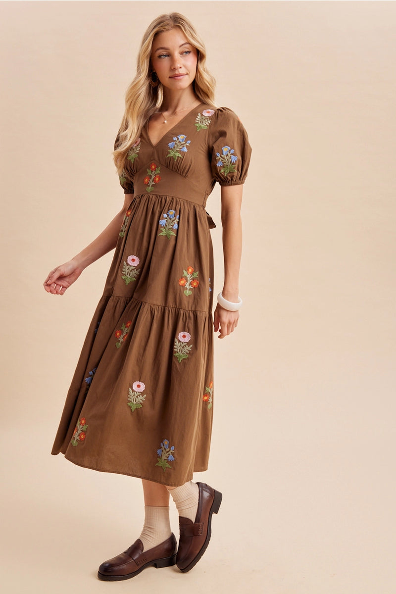 Chestnut Embroidered Cotton Midi Dress – Modern Millie