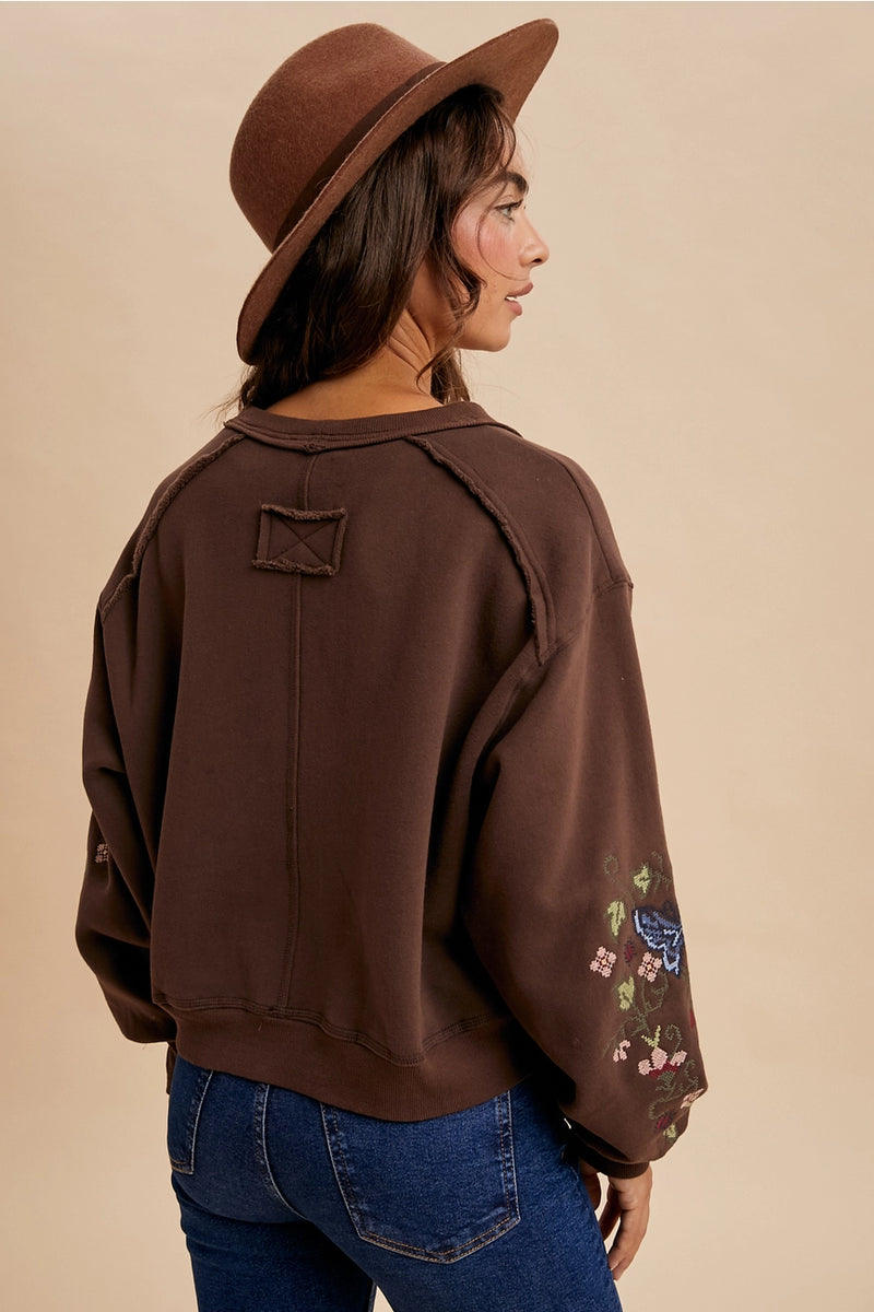Brown Embroidered Cardigan Sweatshirt