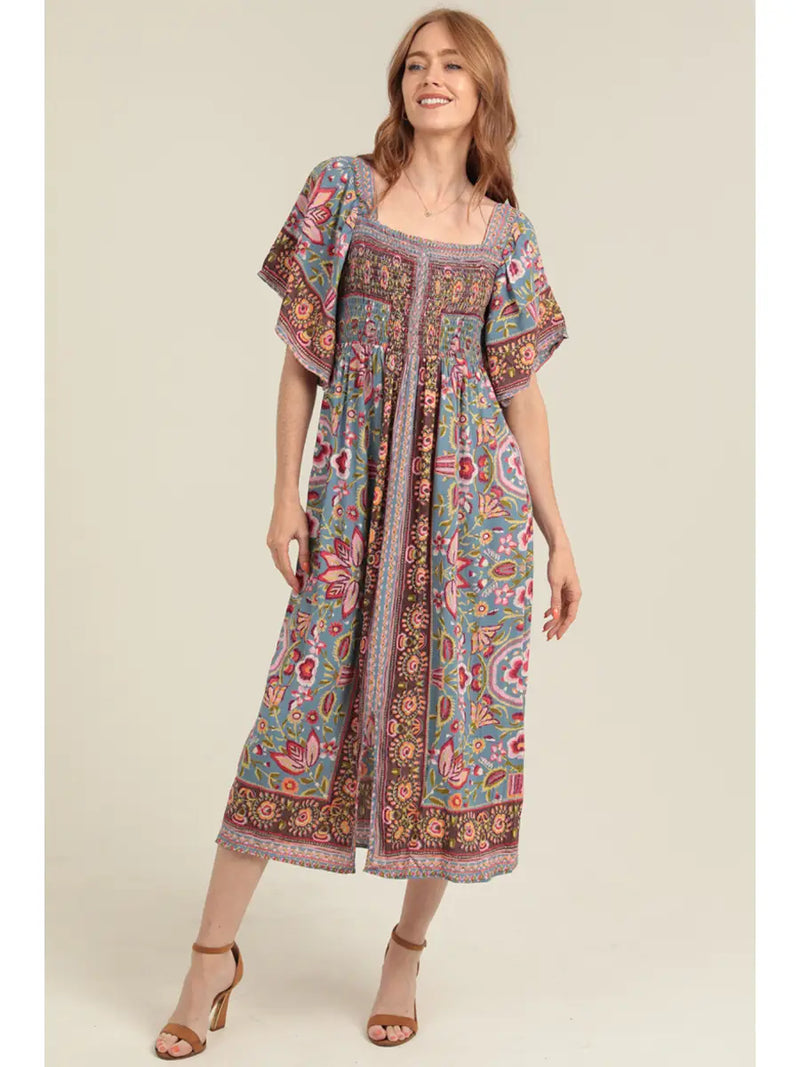 Ruffle Sleeve Boho Smocked Midi Dress