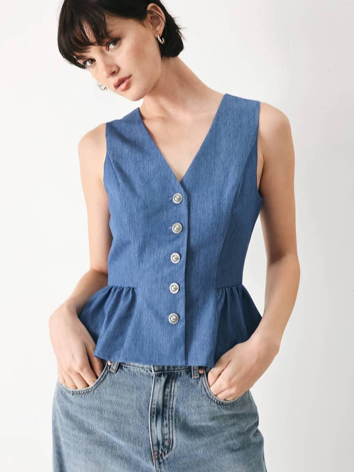 Denim Peplum Button Front Vest – Modern Millie