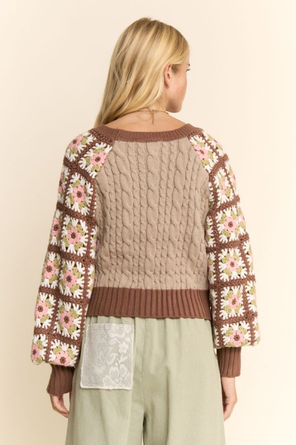 Mocha Brown Cable Knit and Granny Squares Pullover Sweater