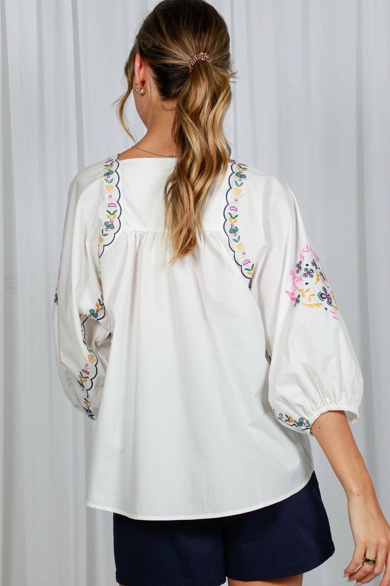 Tie Front Floral Balloon Sleeve Top in White – Modern Millie