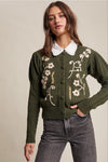 Puff Sleeve Embroidered Floral Cardigan in Dark Olive