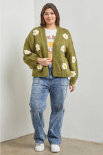 3D Flower Cardigan in Olive Green