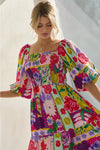 Colorful Floral Bubble Sleeve Smocked Midi Dress