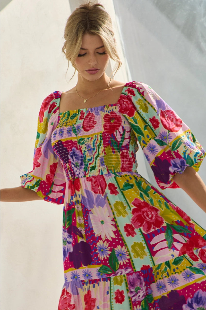 Colorful Floral Bubble Sleeve Smocked Midi Dress