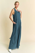 French Terry Wide Leg Jumpsuit in Teal