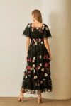 Floral Tulle Midi Dress in Black