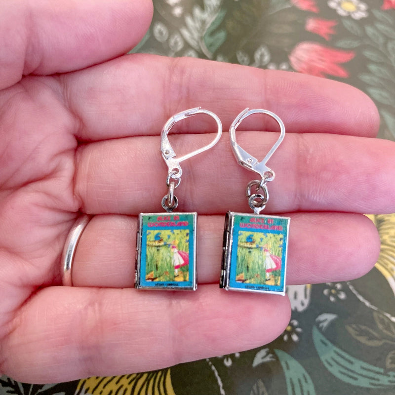 Alice in Wonderland Blue Caterpillar Drop Book Locket Earrings by Marshall and Rose