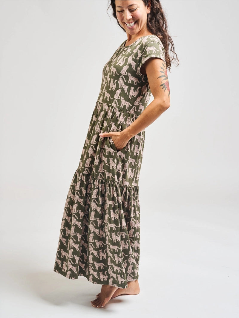 Green Leopard Tiered Jersey Dress by Mata Traders