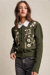 Puff Sleeve Embroidered Floral Cardigan in Dark Olive
