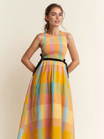 Check Plaid Smocked Bodice Midi Dress