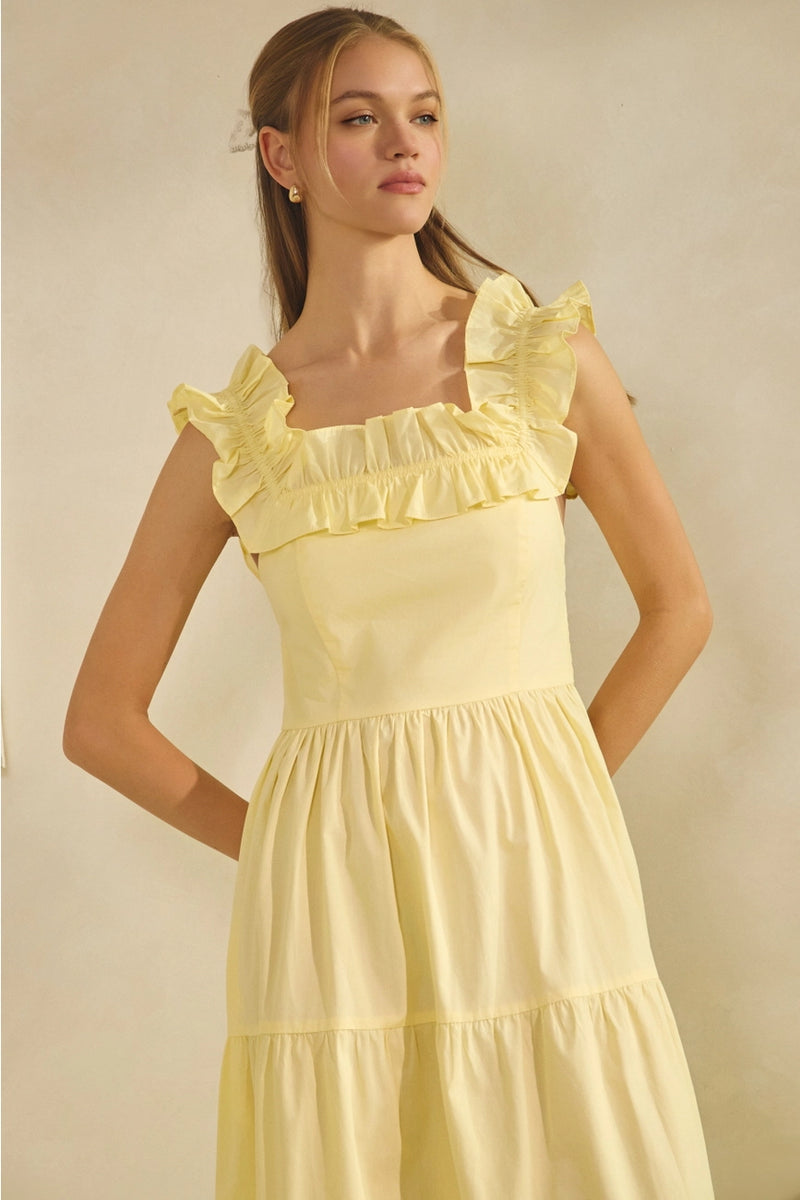 yellow midi dress sleeves Yellow Midi Dress with Puff Sleeves
