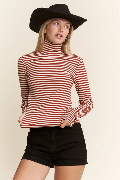 Rust Striped Jersey Turtleneck Top