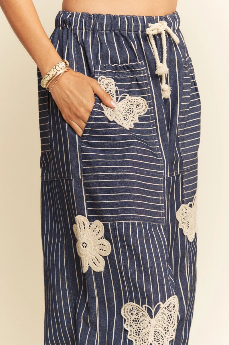 Butterfly Striped Barrel Pants in Navy