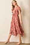 Pink Floral Ruffle Sleeve Midi Dress