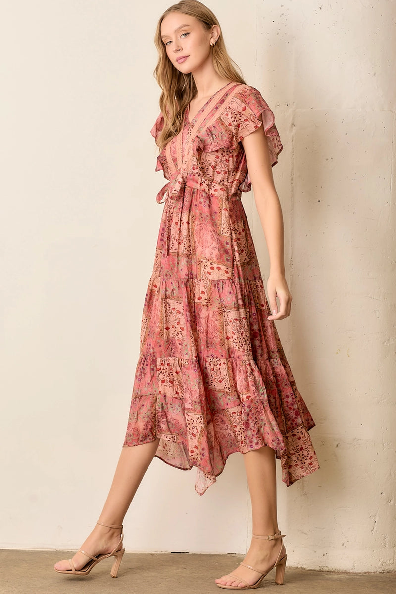 Pink Floral Ruffle Sleeve Midi Dress