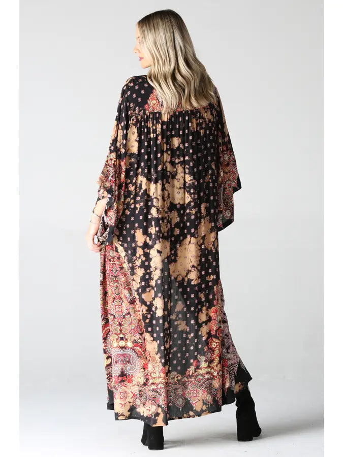 Bleached Tie Dye Printed Duster Top in Black by Angie