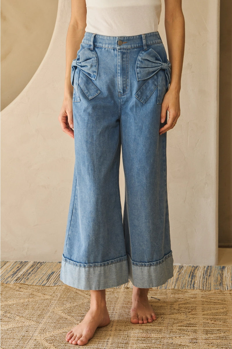 Wide Leg Cropped Bow Pocket Jeans