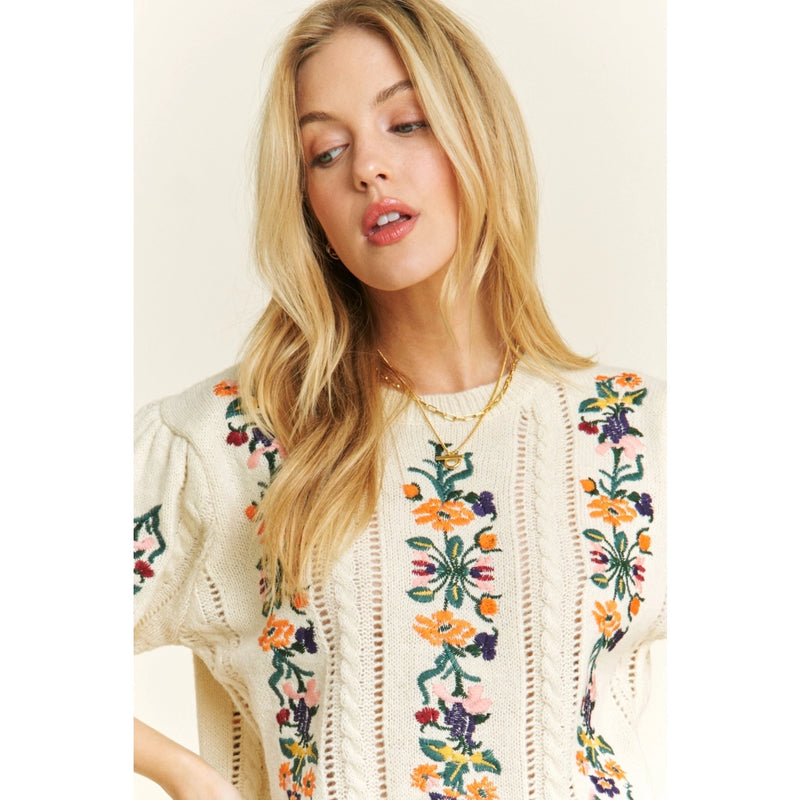 Ivory Embroidered Short Sleeve Sweater