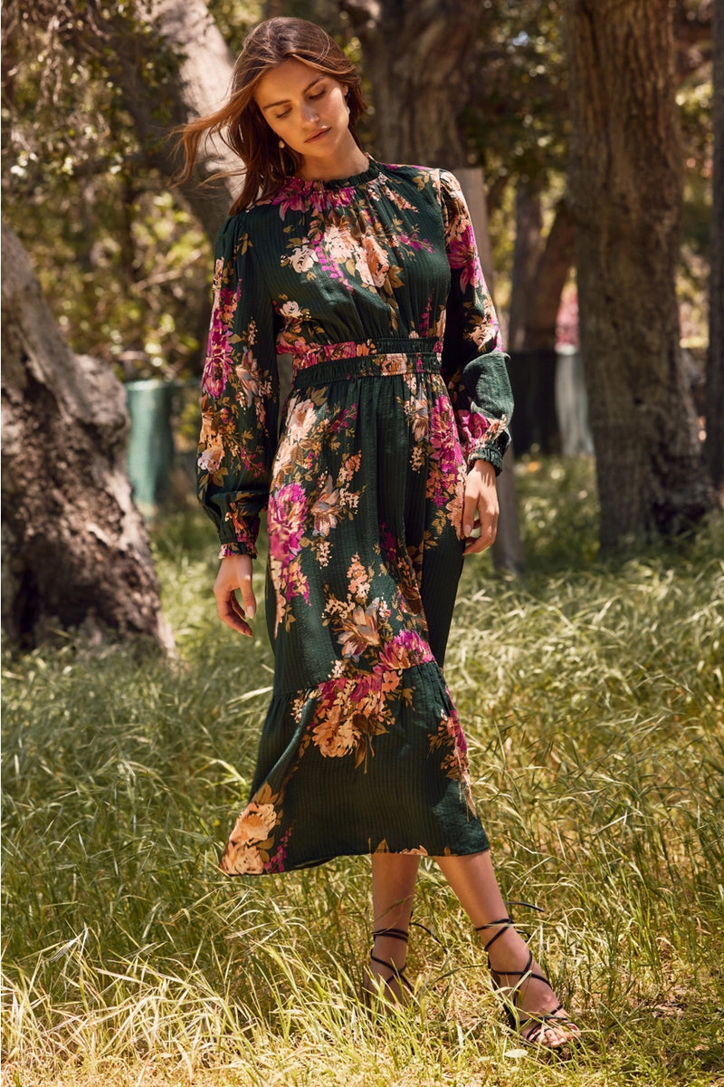 Emerald and Magenta Long Sleeve Midi Dress