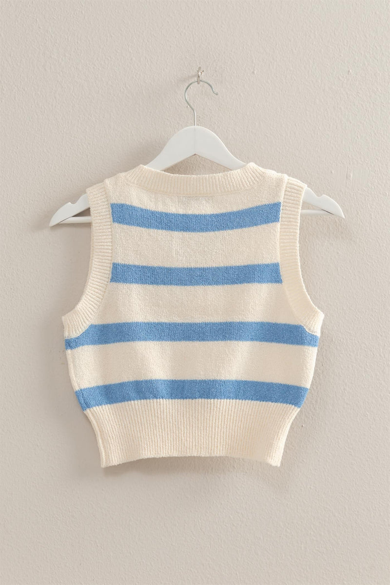 Blue and Ivory Striped Cropped Sweater Vest