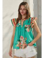 Turquoise and Orange Ruffle Sleeve Top