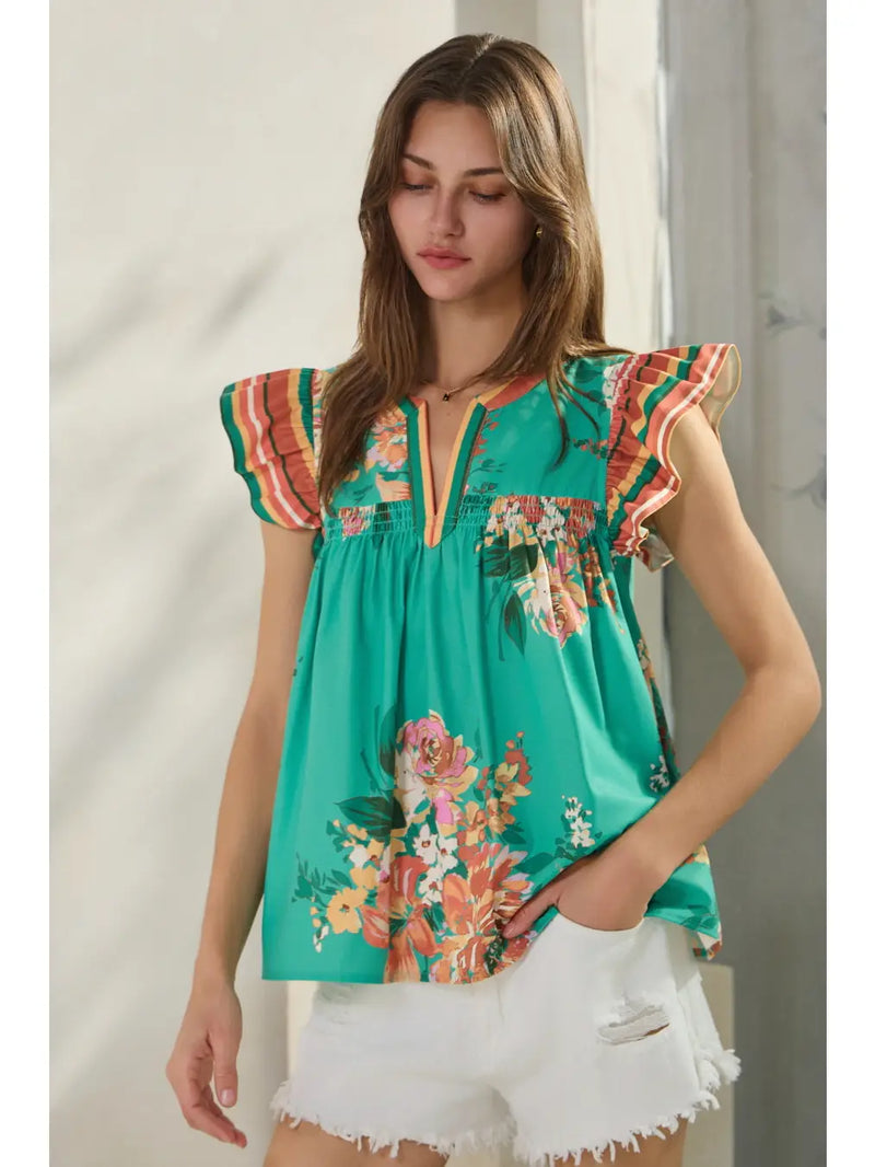 Turquoise and Orange Ruffle Sleeve Top