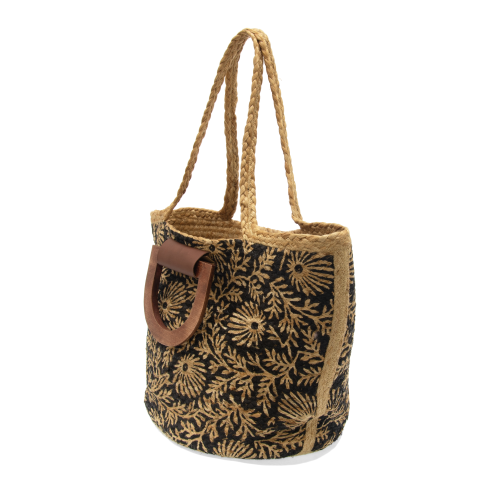 Black Floral Calypso Jute Wood Handle Tote Bag