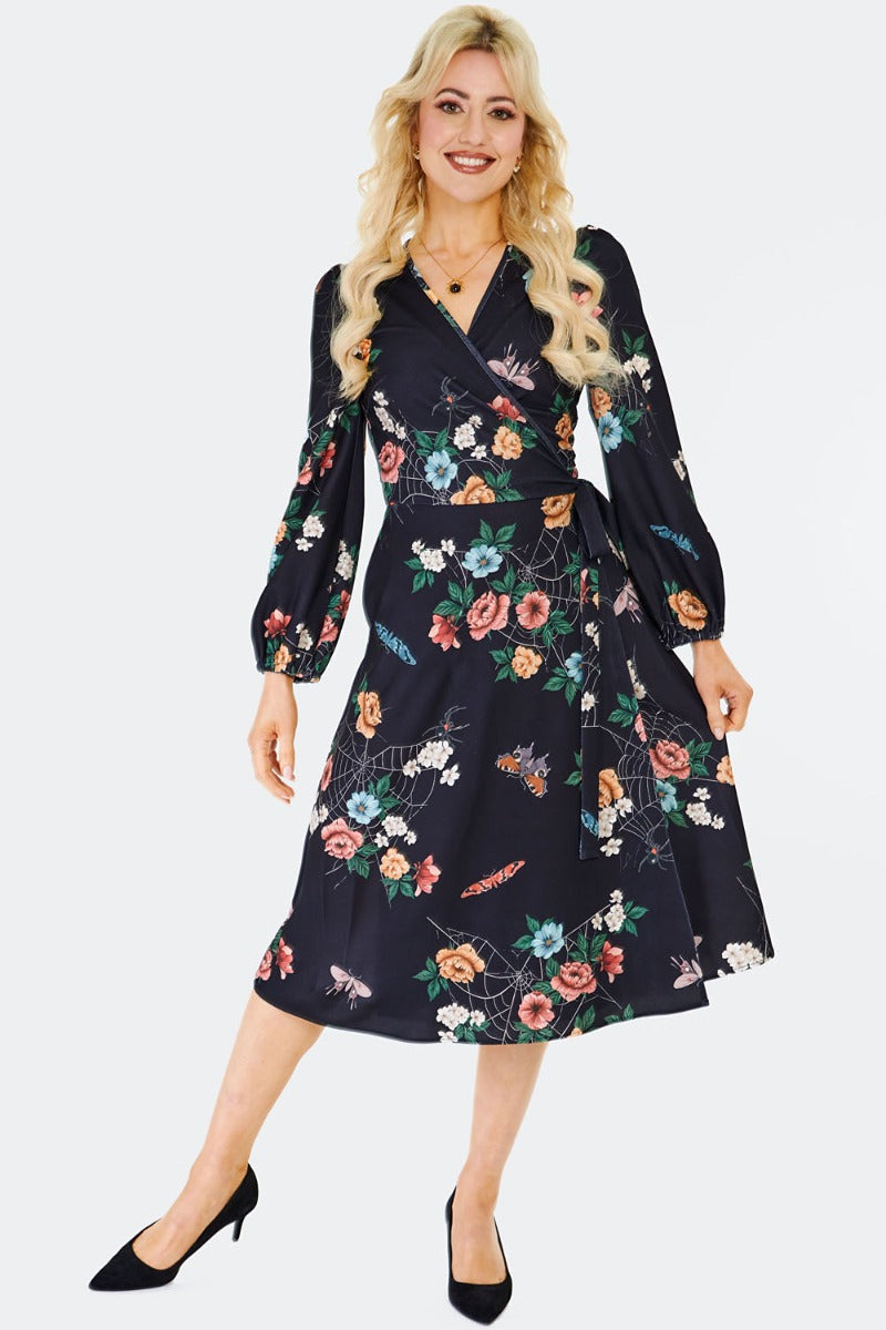 Floral Moth and Web Midi Wrap Dress by Voodoo Vixen Small Floral Moth and Web Midi Wrap Dress by Voodoo Vixen Small