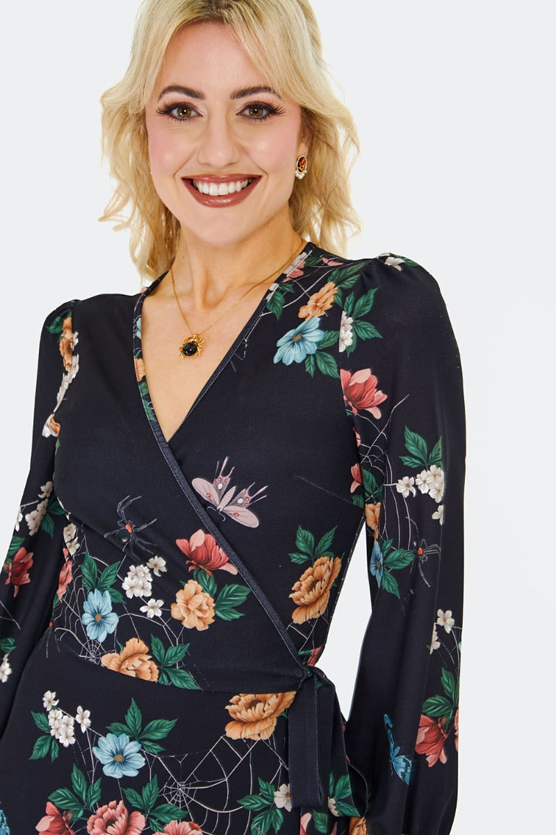 Floral Moth and Web Midi Wrap Dress by Voodoo Vixen Small Floral Moth and Web Midi Wrap Dress by Voodoo Vixen Small