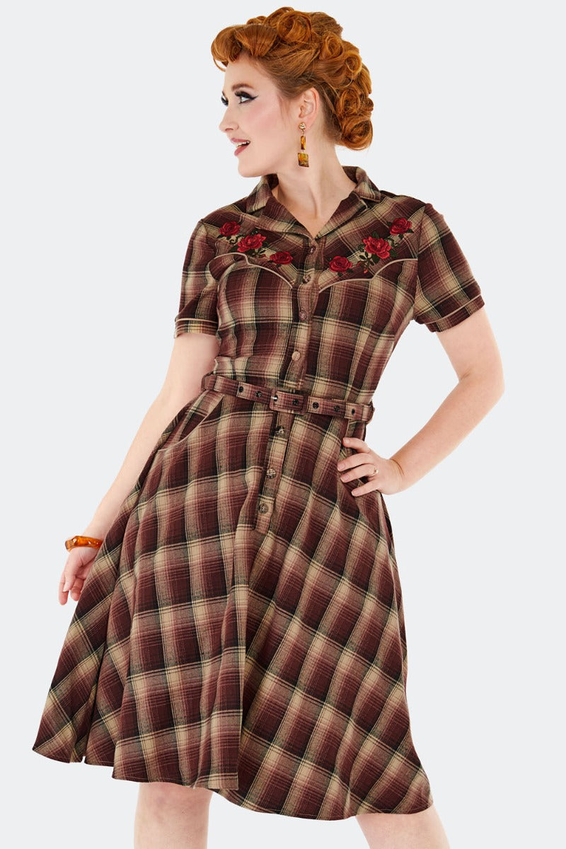 Western Brown Plaid Shirt Dress by Voodoo Vixen