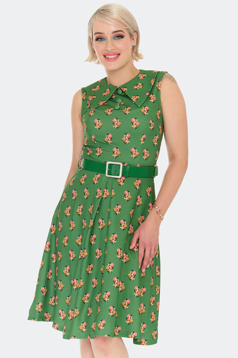 Cat Floral Print Dress in Green by Voodoo Vixen – Modern Millie