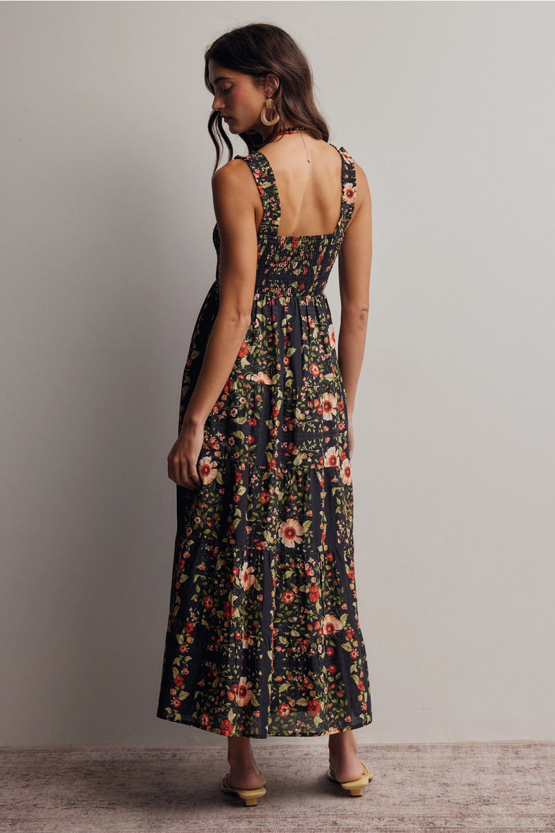 Black Floral Smocked Sleeveless Midi Dress Small