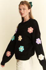 3D Flower Pullover Sweater in Black