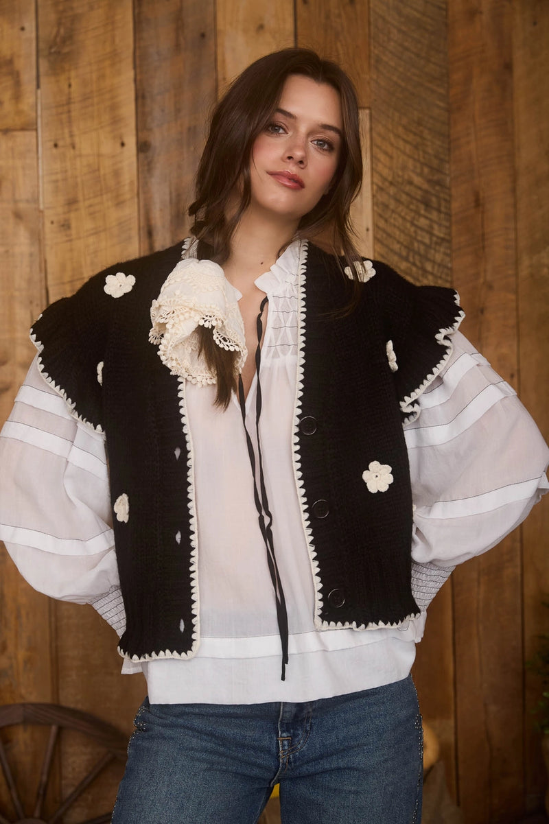 Crochet Ruffle Sleeve Sweater Vest in Black