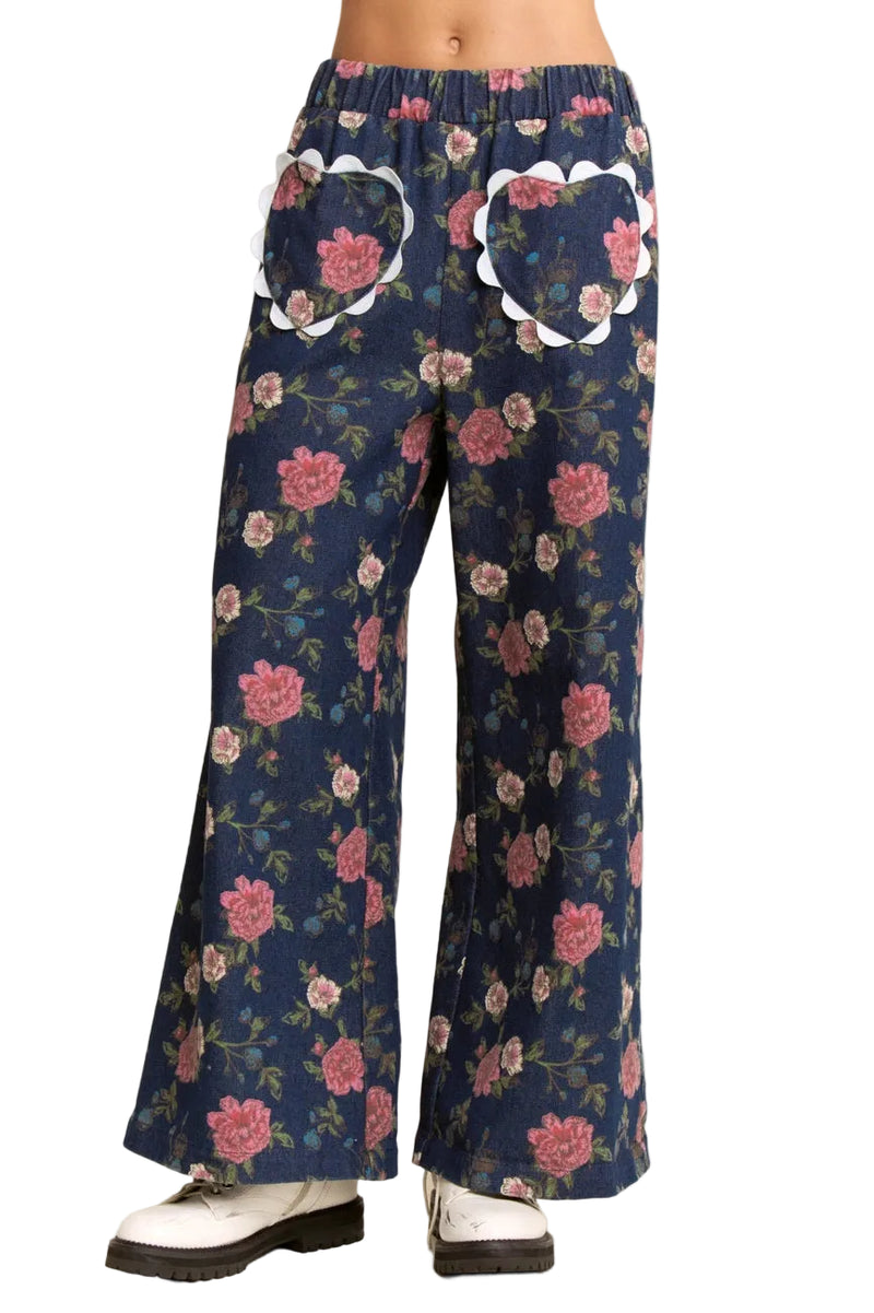 Floral Ric-Rac Heart Pocket Wide Leg Denim Pants – Modern Millie