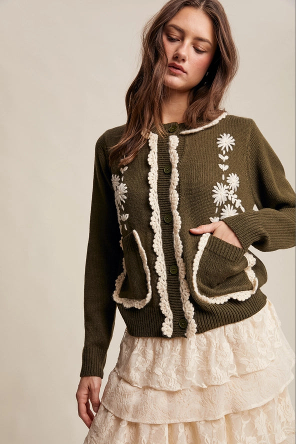 Olive Daisy Embroidered Trim Cardigan