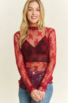 Burgundy Mesh Long Sleeve Mock Neck Sheer Top
