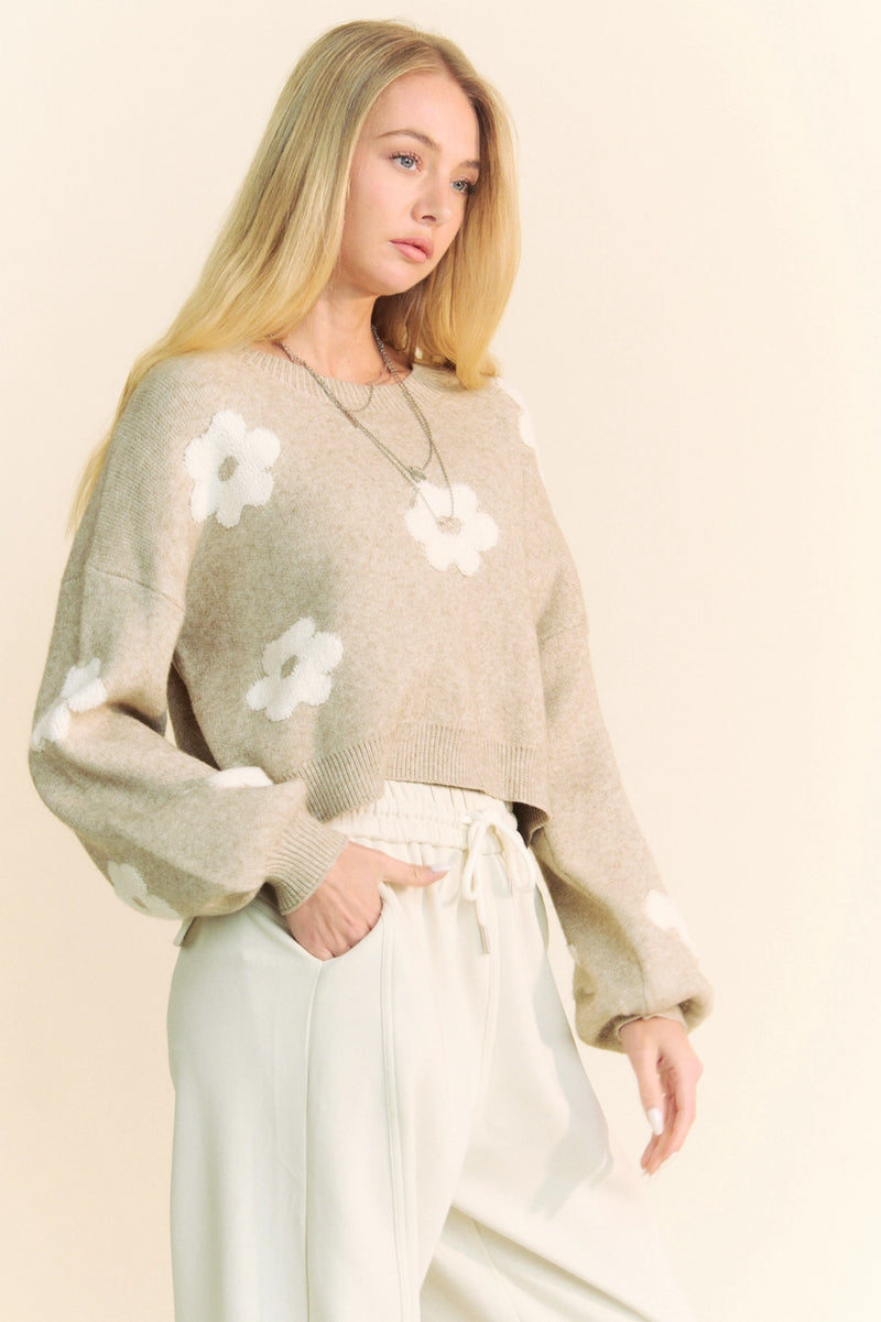 Tan Floral Long Sleeve Sweater
